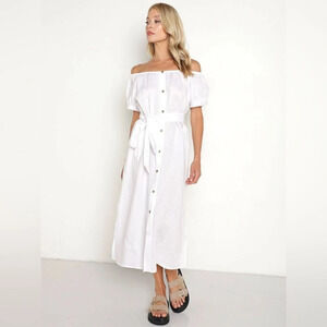 NWT Eberjey Womens 100% Linen Harper Dress Midi Button Front Belted White Size M